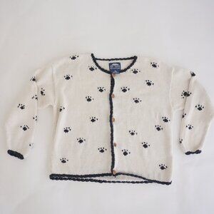 Vintage Rey Wear Cream w Black Paw Prints Dog Puppy Cotton Knit Cardigan L